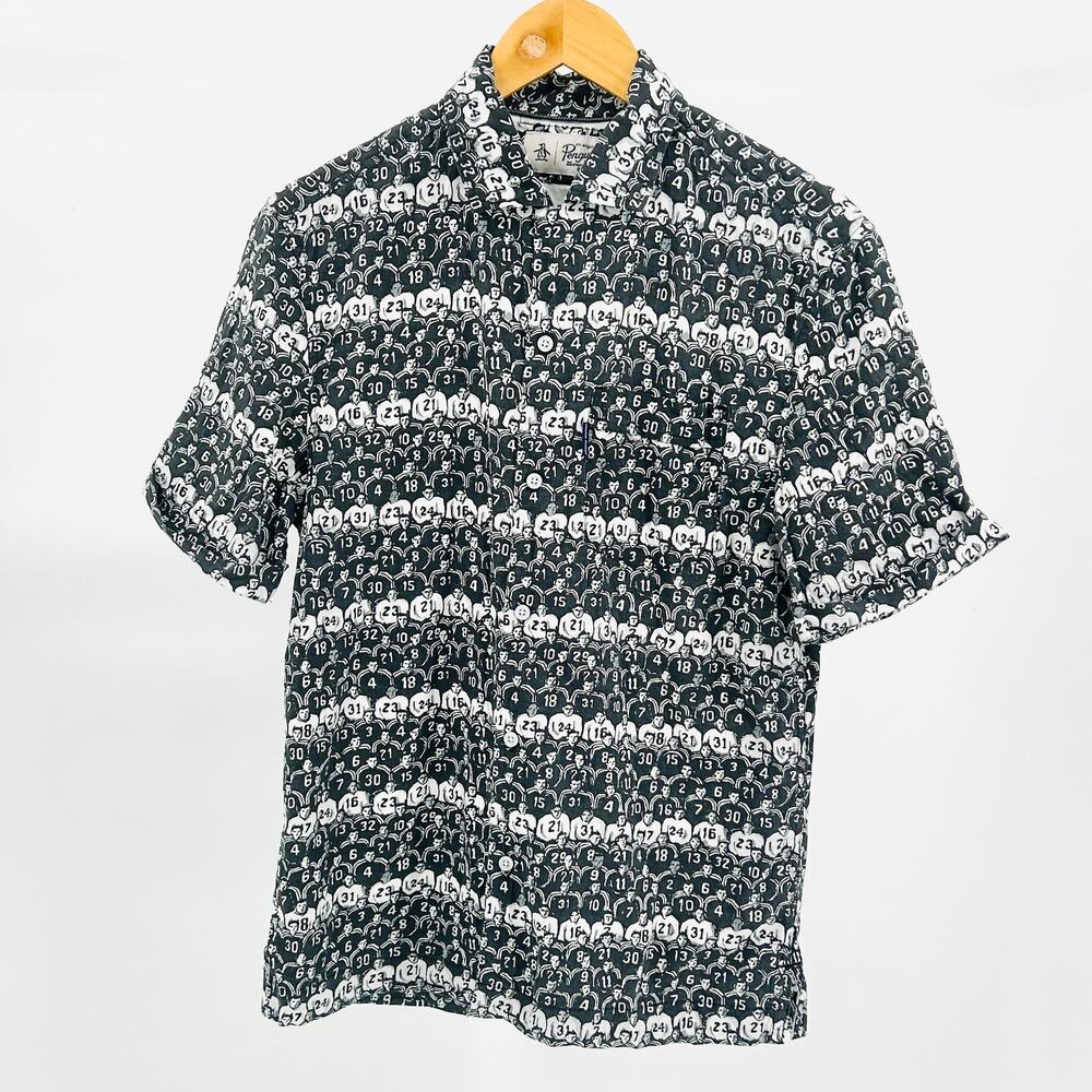 Original Penguin Black White Cotton Viscose Graphic Football Print Shirt